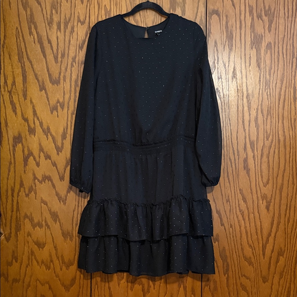 Express Black Swiss Dot Ruffle Mini Dress XL Long Sleeve Tiered
